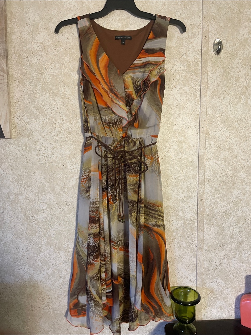 Chris McLaughlin Orange Brown V-Neck Sleeveless Swing Party Maxi Dress size 14